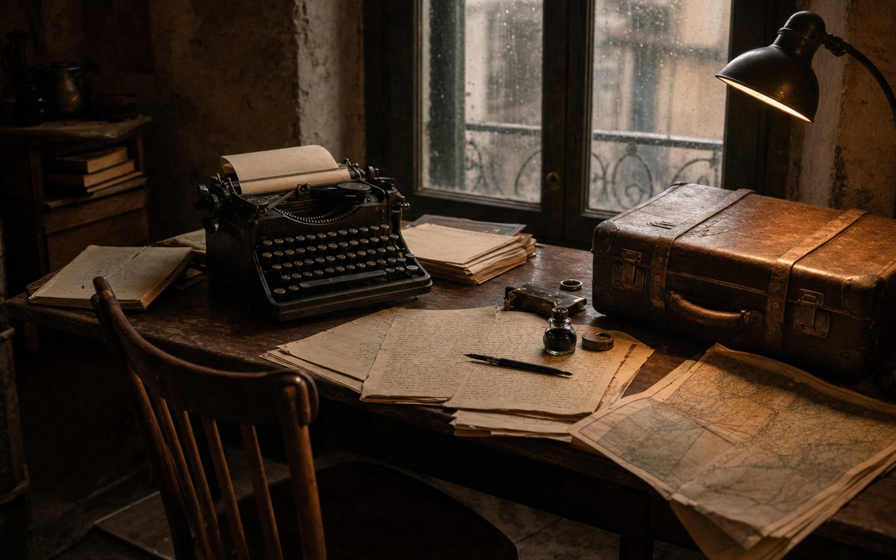 Schreibtisch eines Autors im Exil mit Schreibmaschine, Manuskripten und Koffer